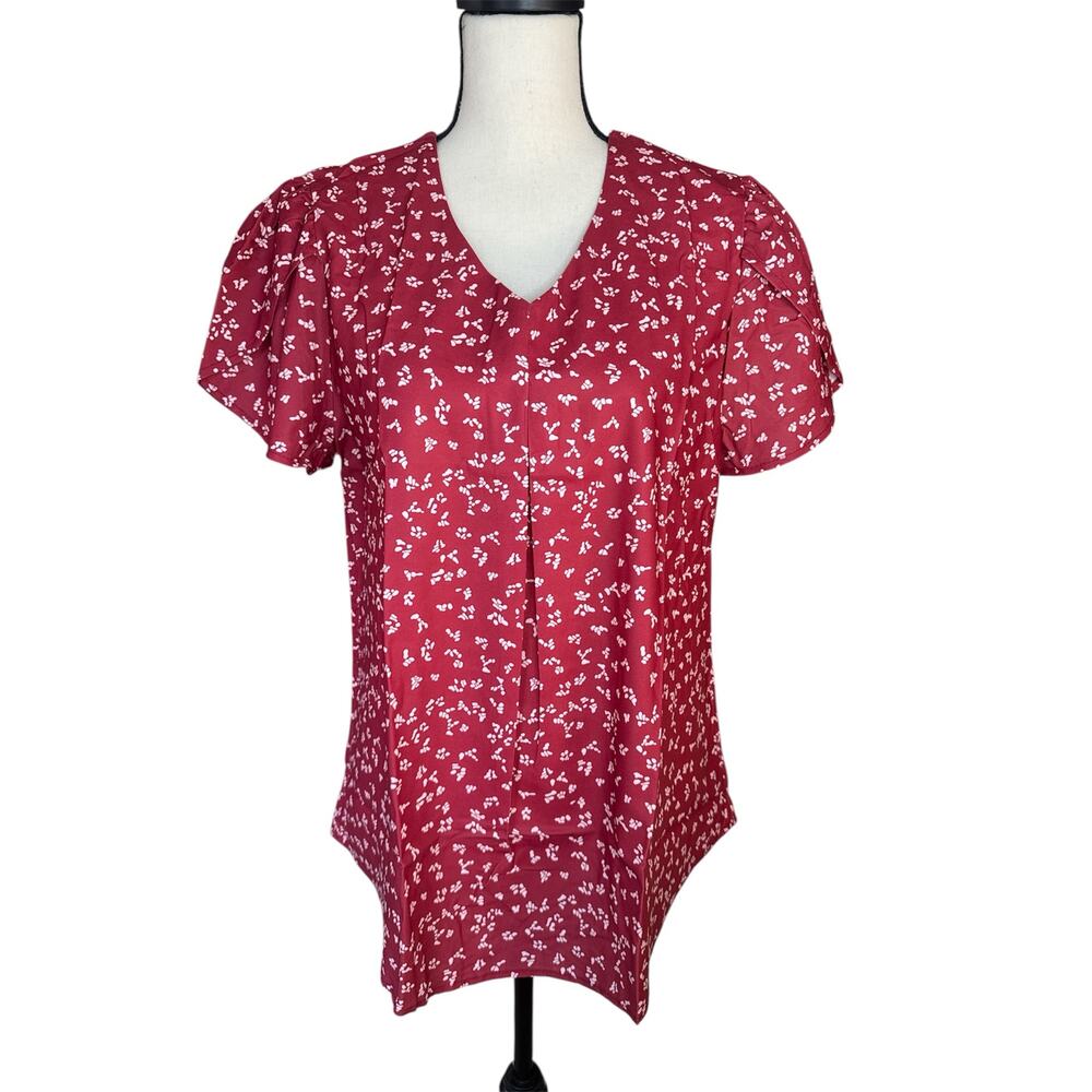 Women's Large Short Sleeve Chiffon‎ Blouse Loose Fit Split V Neckline Red Summer